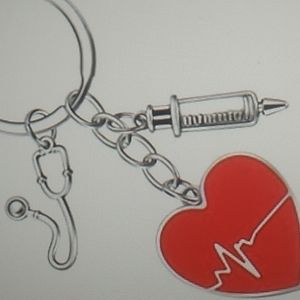 Nurse Keychain heart, stethoscope & syringe. Alloy & enamel in red & silver